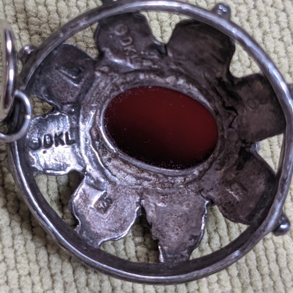 925 Silver Round Pendant Signed DKL Amber Color Oval Stone Open Geometric Design - Picture 4 of 12